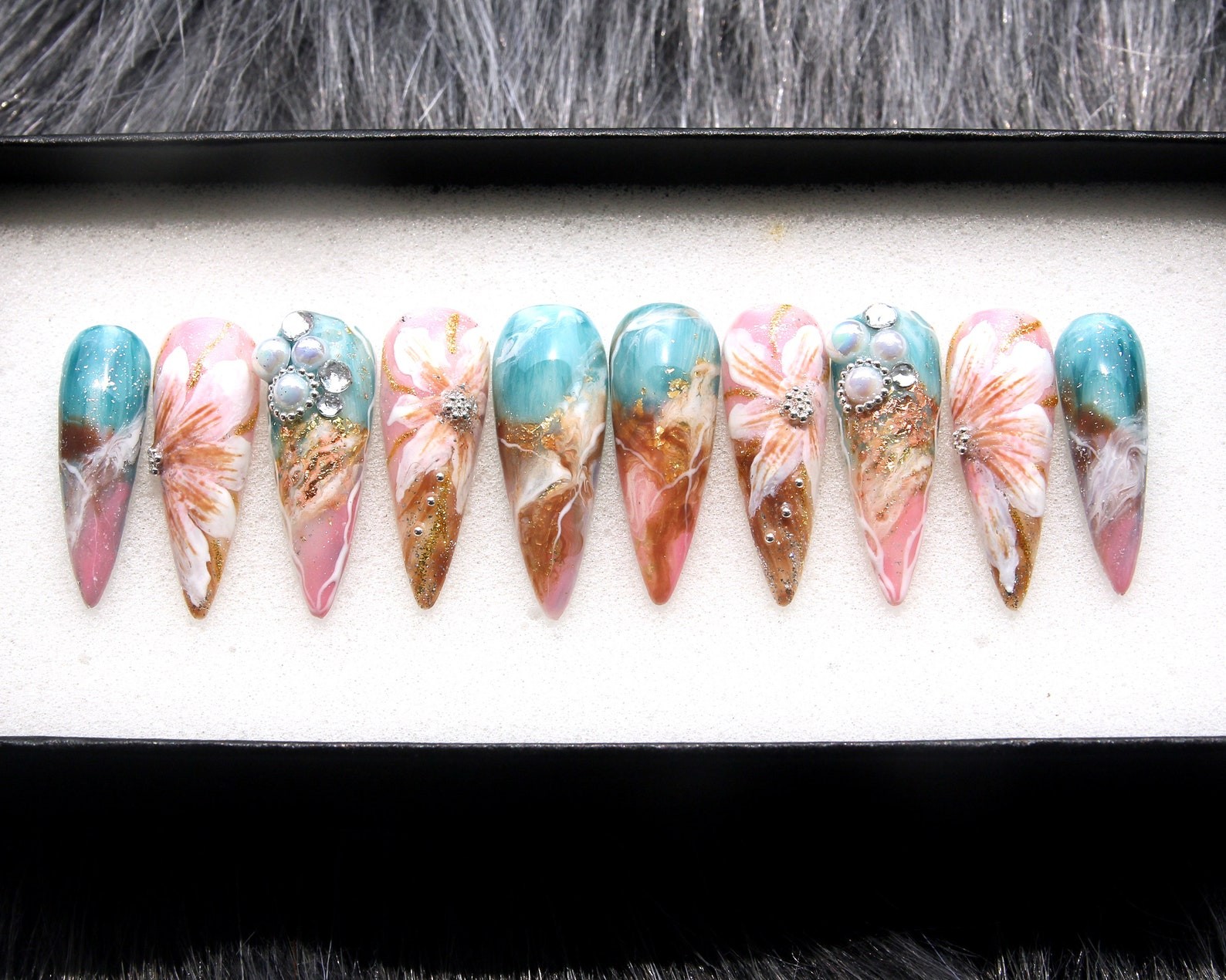 Handmade Teal Marble Floral Gold Foil Pearl Long Stiletto Press on Nails