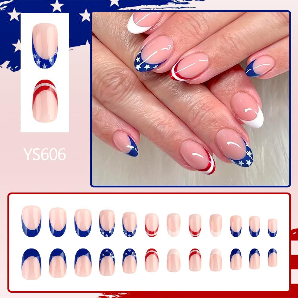 24 Pcs Independence Day Press on Nails Short Almond Fake Nails with Star Desi…