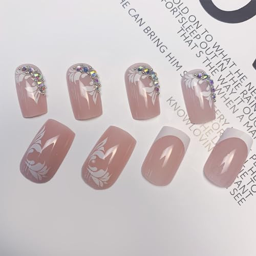French Tip Press on Nails Medium Square Fake Nails White Lace with Style27