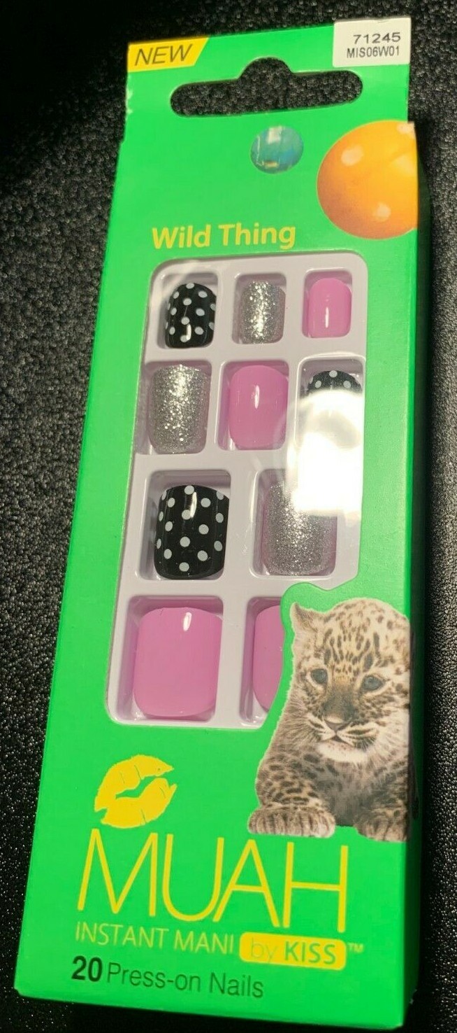 Kiss Muah Nails Purple Black dots silver glitter 20 press on nails Kids