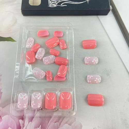 White Flowers Press on Nails – Short Square Fake Nail – Pink Floral Design