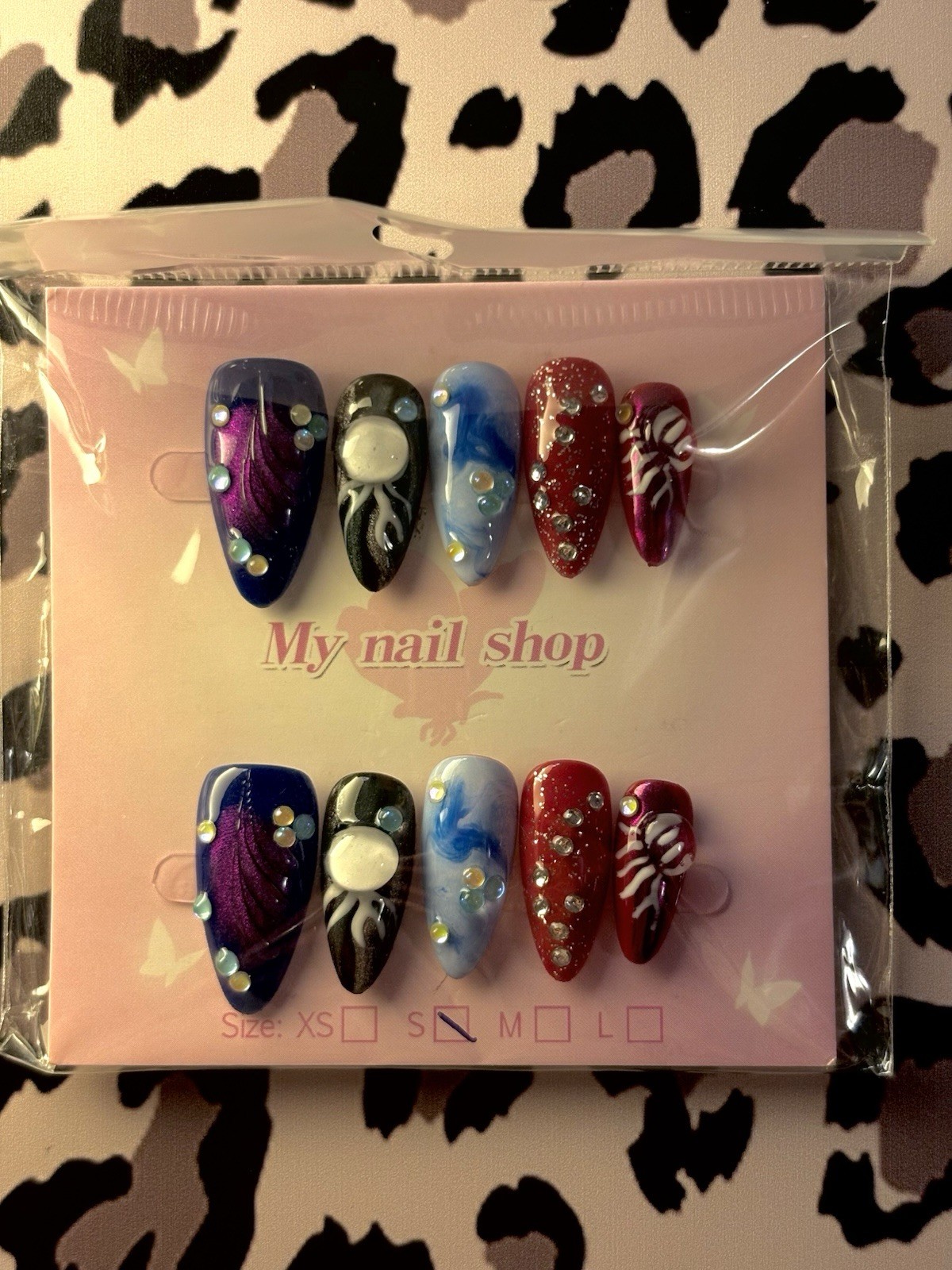 My nail shop Press-On Nails Multicolor 3D Butterflies Pre-Designed Small Coffin