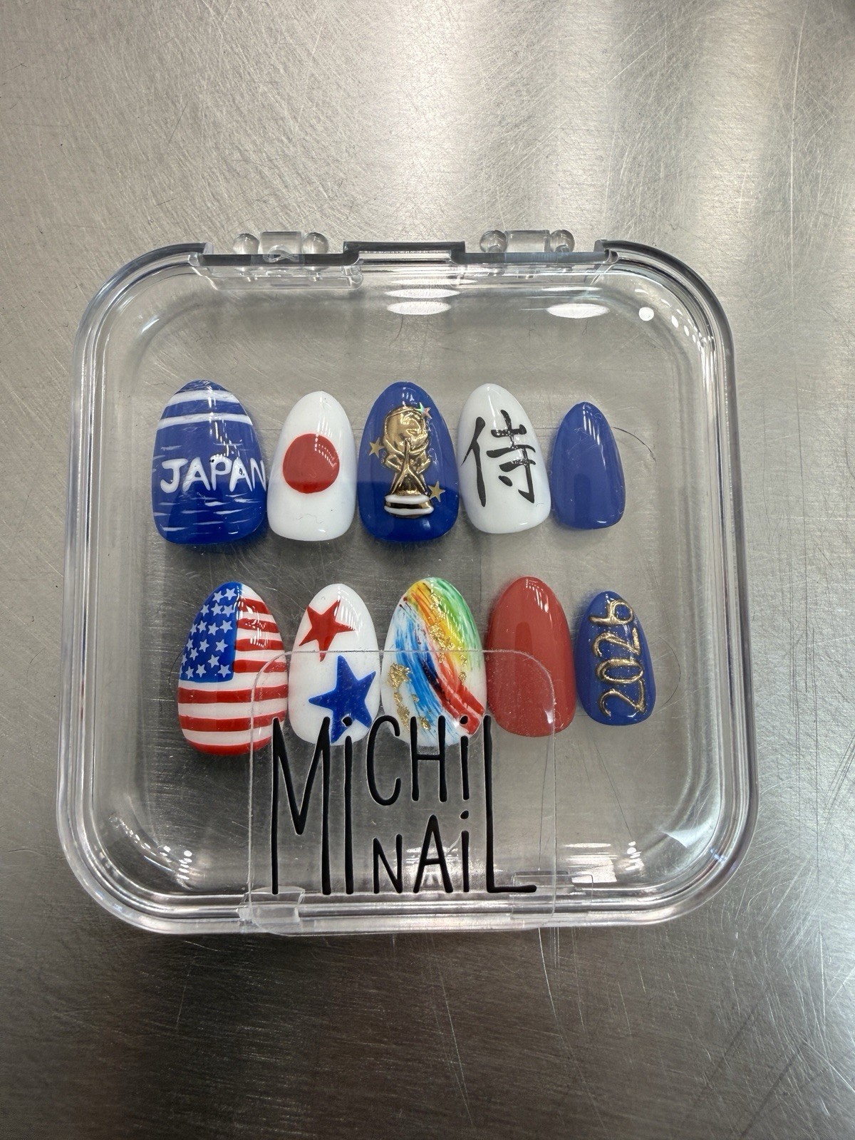 World Cup 2026 USA Japan Handmade Press On Nails Red White Blue , Almond