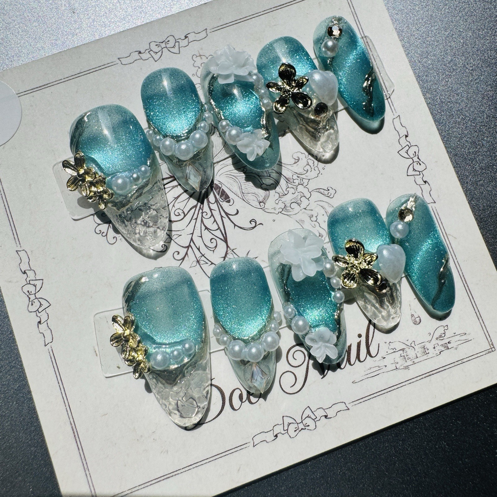 Press-On Nails Long Almond Blue/Clear/White/Gold Flowers 3D Shiny Full Cover