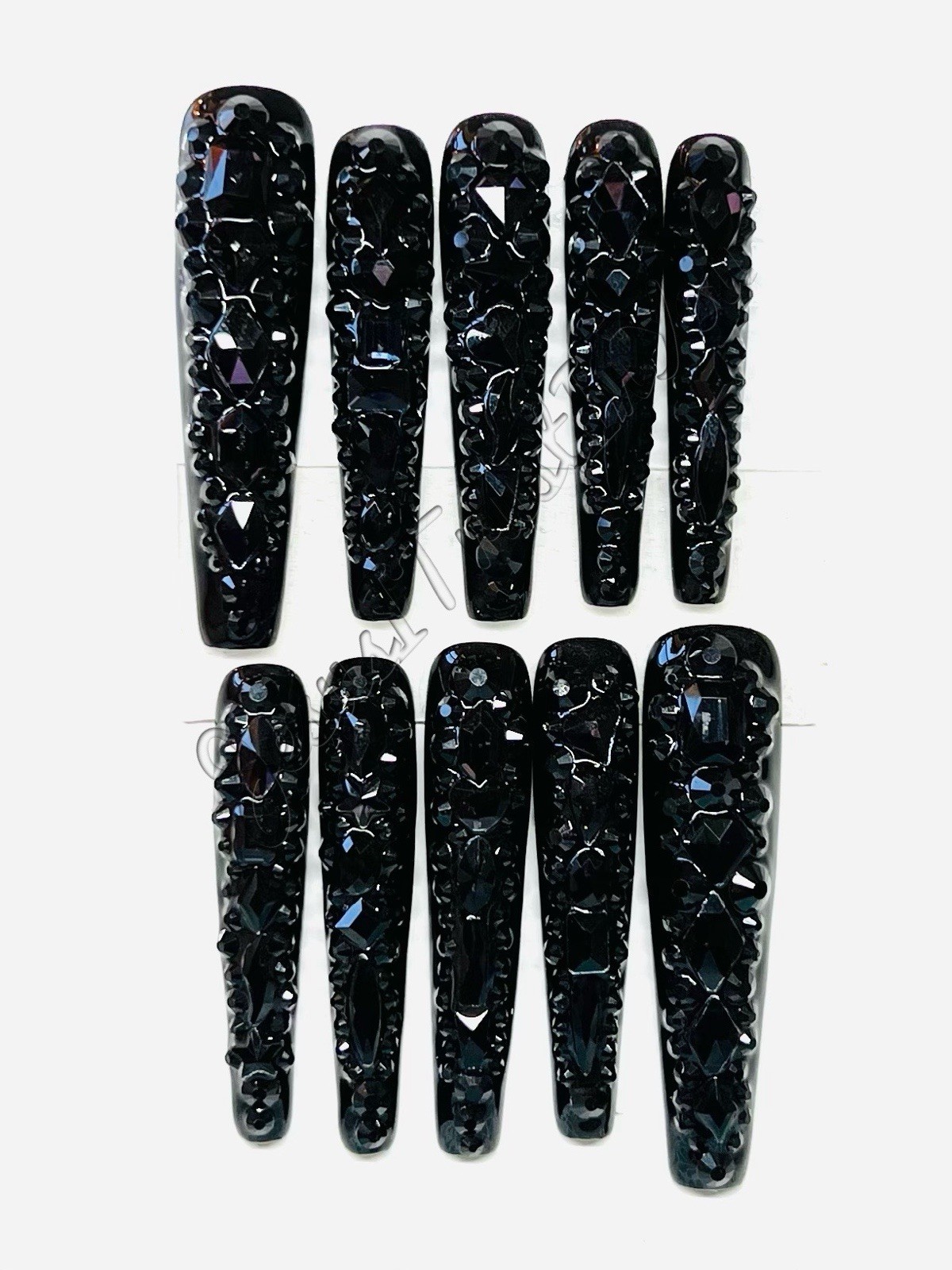 CLEARANCE BLACK JEWELS – CUSTOM XXXL LONG BALLERINA GEL PRESS ON NAILS ❤️❤️