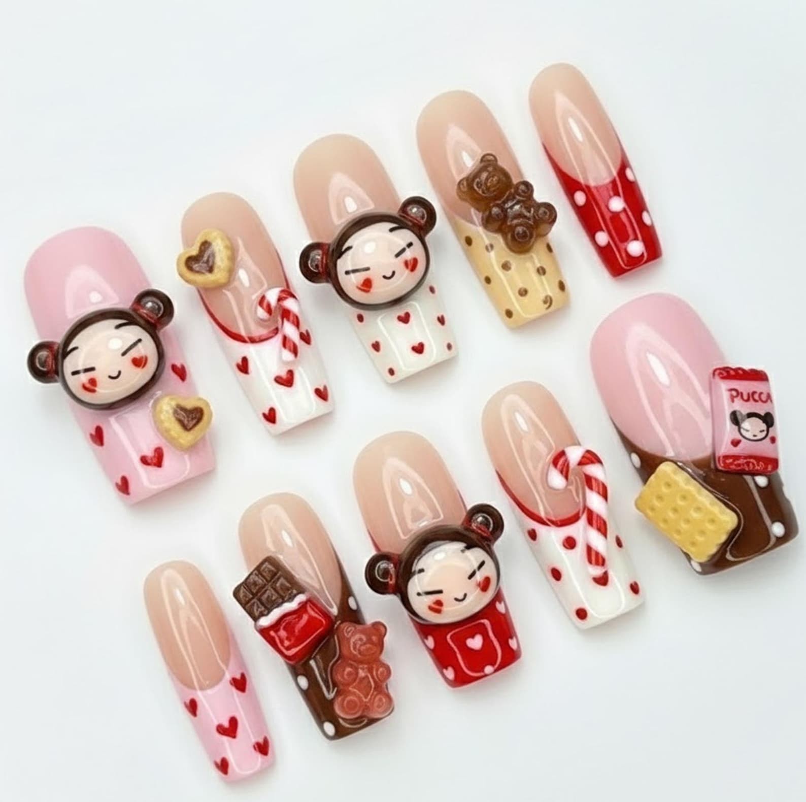 Handmade Pucca Cartoon Candy Cookie Heart Long Square Press on Nails Set