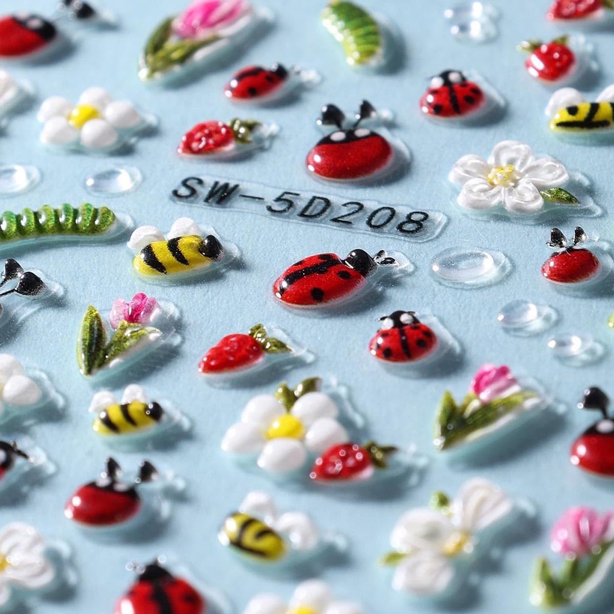 5D Embossed Ladybug Bee Nail Stickers Flower Nail Decals Daisy Nail Art Stick…