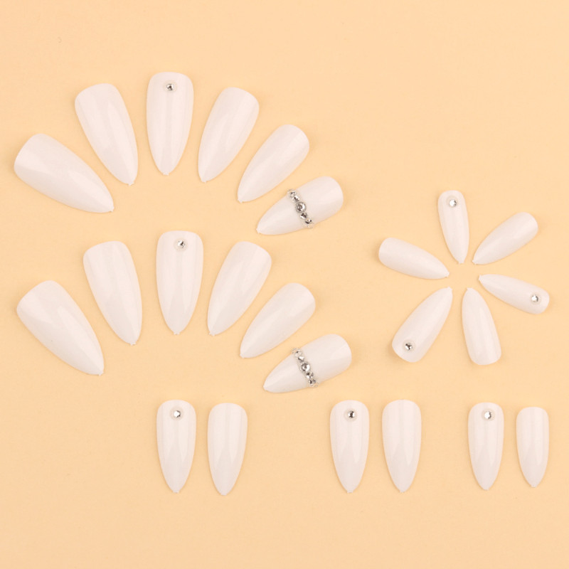 48pcs Almond Press on Nails, Milky White Chain Rhinestone Minimal Gloss Nails