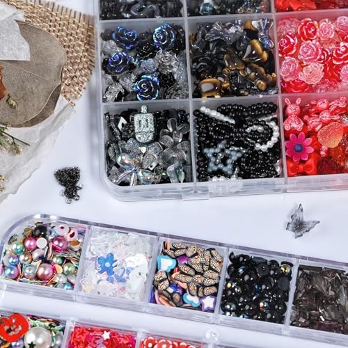 1400 Pieces 3D Butterfly Rose Flower Bow Rabbit Bear Nail Charms Kit Black Red