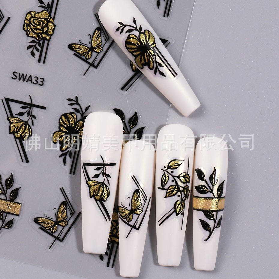 Gold Black Flower Leaf Geometric Nail Art Stickers Self Adhesive SWA33 NH30
