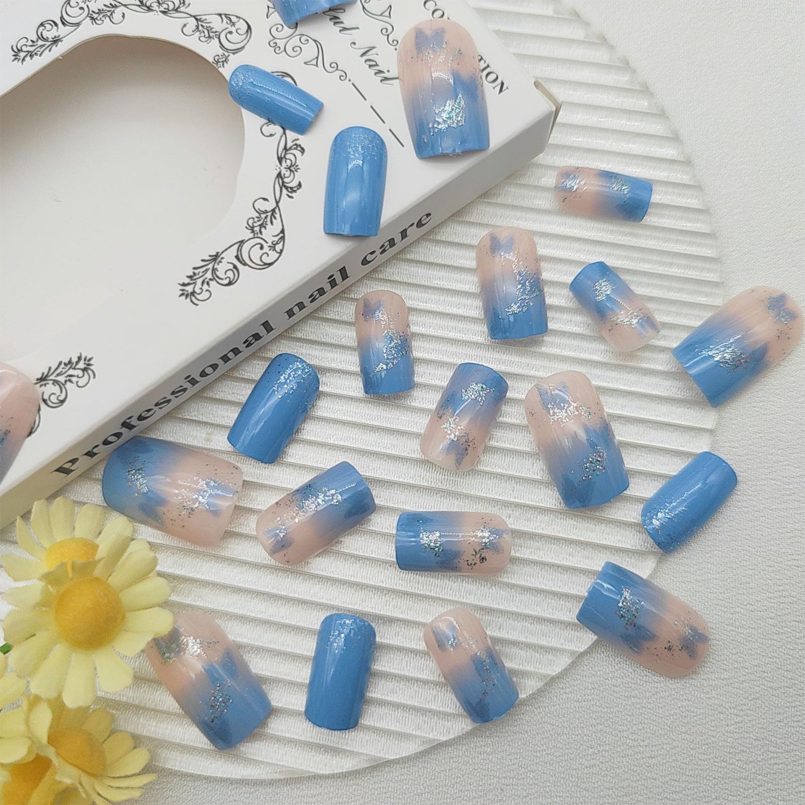 Gradient Press on Nails Medium Square Fake Nails with Glitter Butterfly Desig…