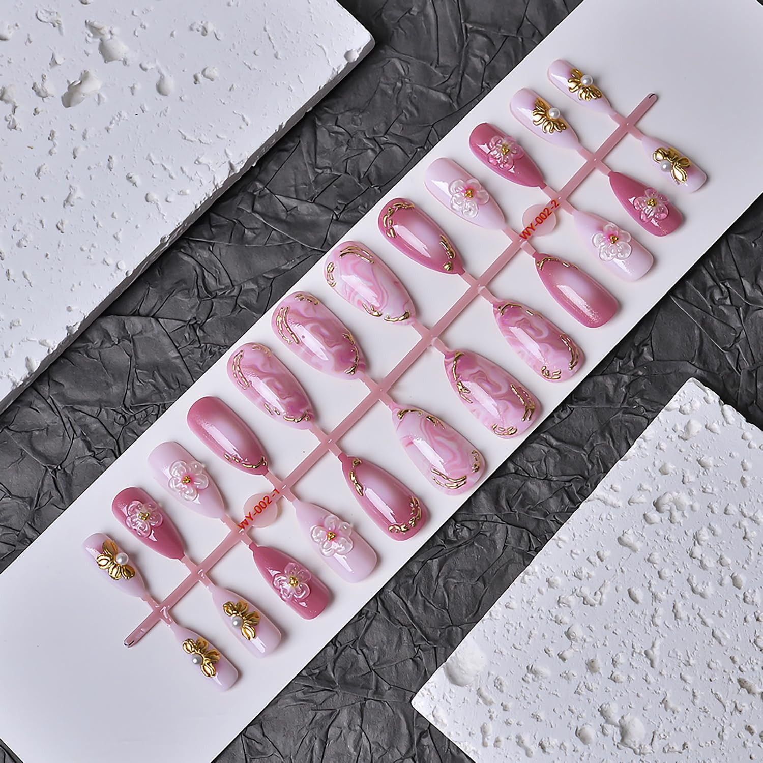 24Pcs Pink Press on Nails Medium Almond Fake Nails with 3D Pink Gold Floral Line