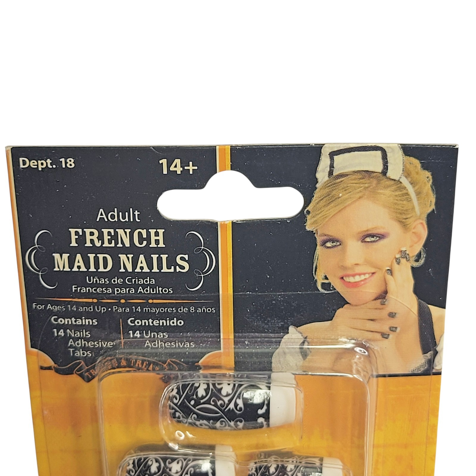 French Maid Nails Jewel Accents White Tips Stick On Black Costume Halloween
