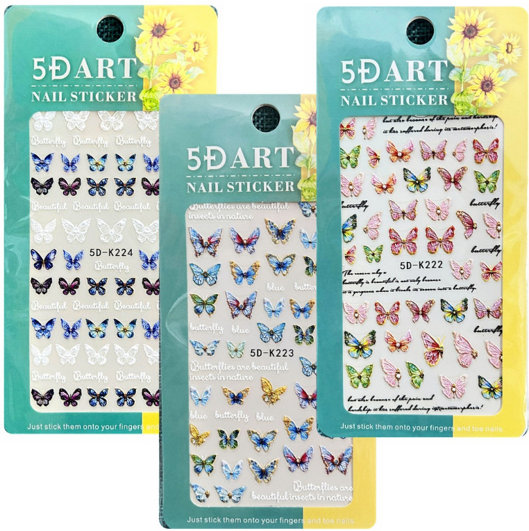 5D Blue White Pink Butterfly Flowers Nails Art Stickers Embossed Decals DIY NS52