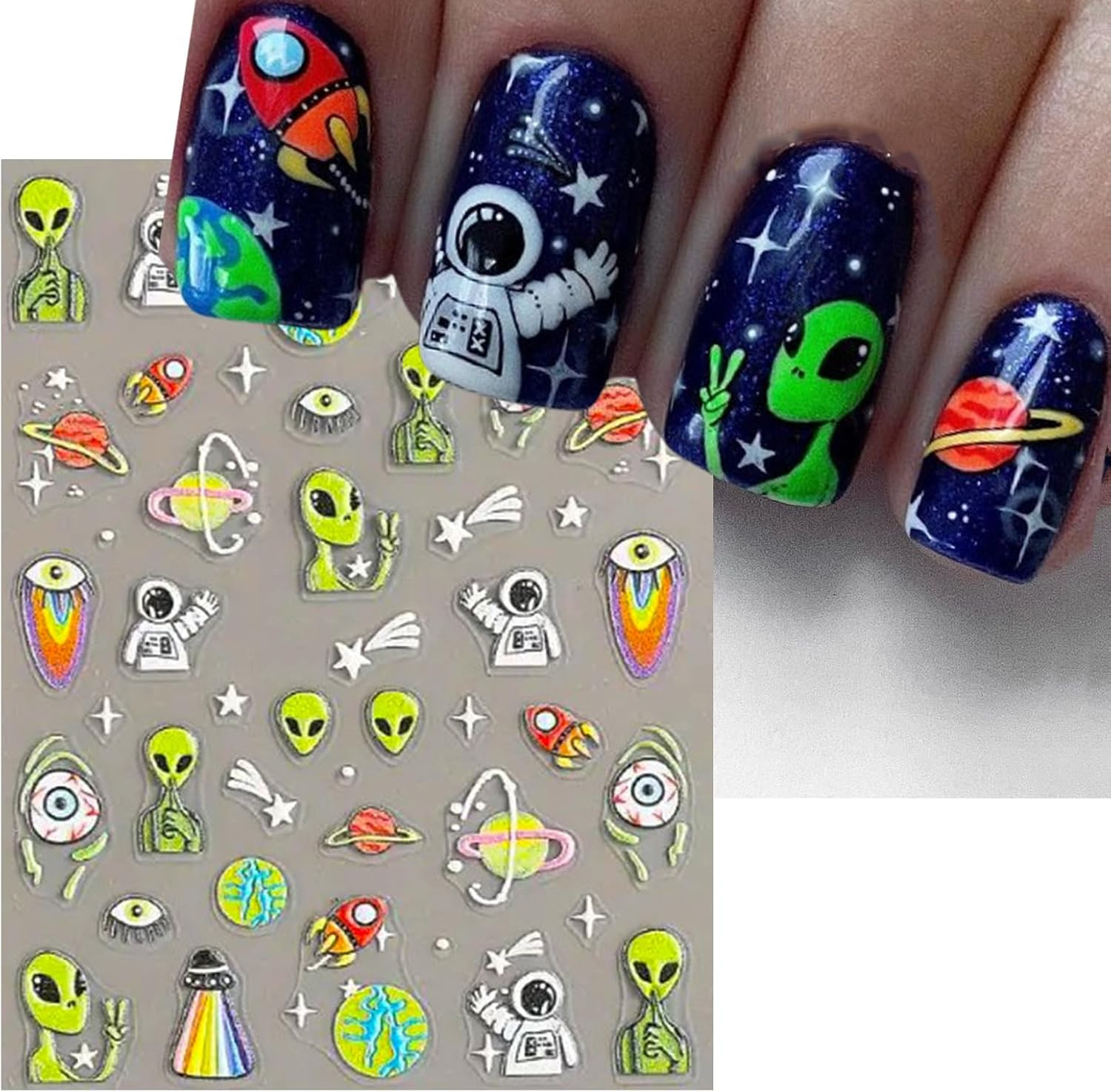 Embossed Alien Nail Art Stickers – 5D ET UFO Astronaut Rocket Design Self-Adhesi