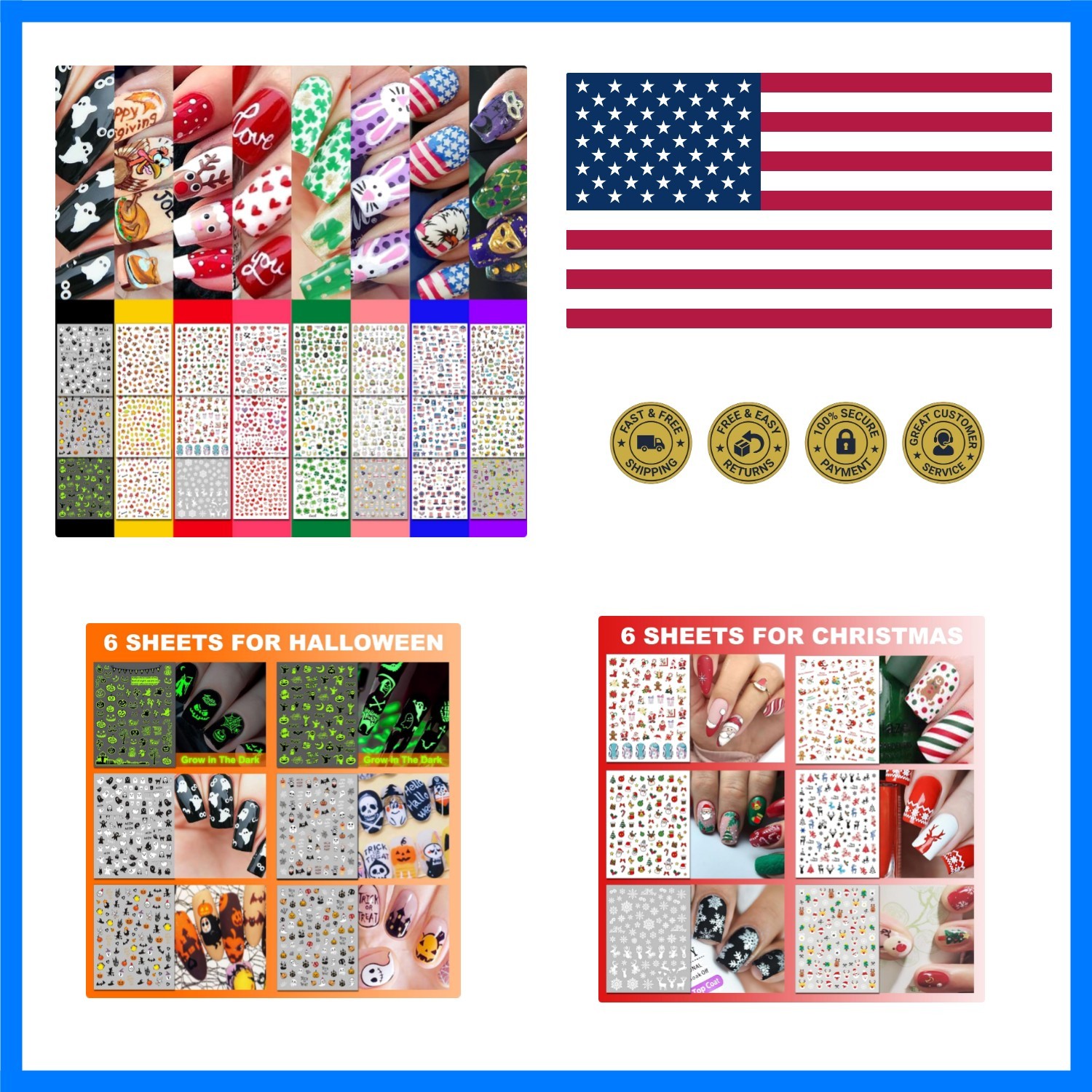 30 Sheets 8 Holiday Nail Art Stickers, Variety Pack All Season Nail Decals fo…