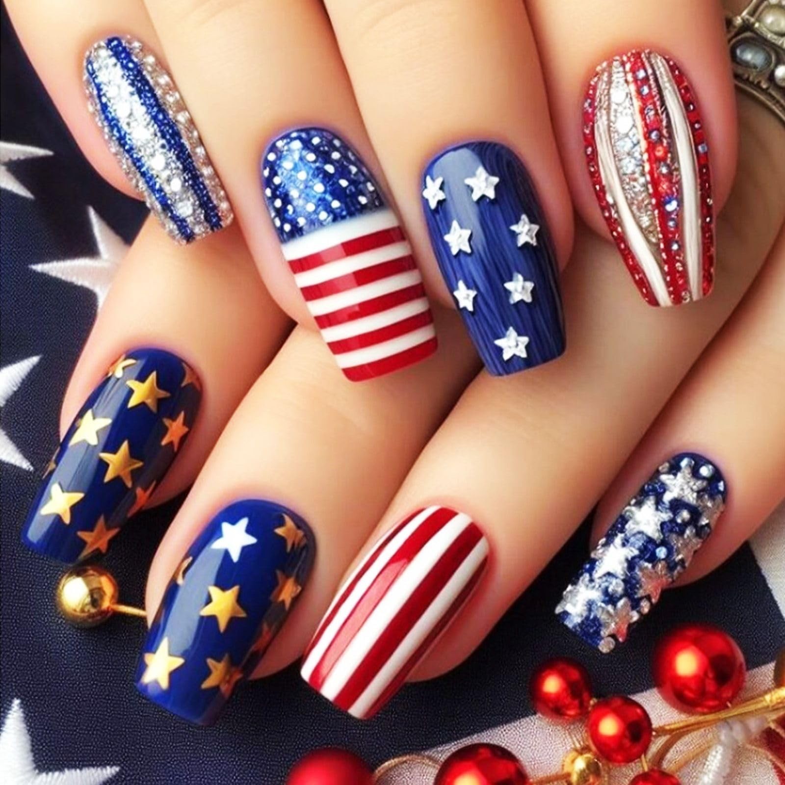 24Pcs Royal Blue Press on Nails Independence Day Medium Square Multicolor