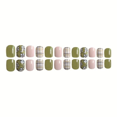 Short Press on Nails Green Square Fake 1 Fl Oz (Pack of 1) Square Flower-31