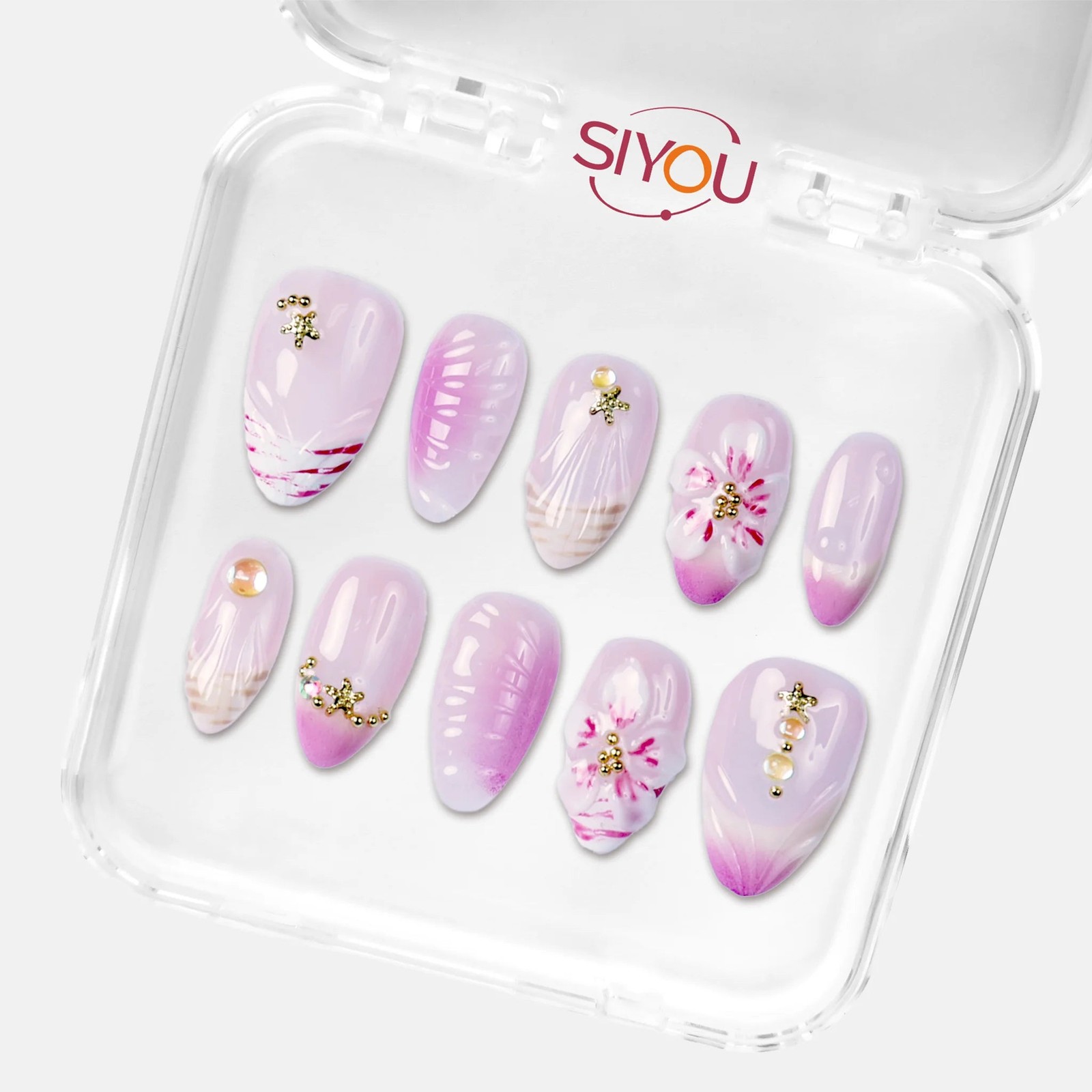 SIYOU Orchid Haze Almond Purple, Gold & White Press-On Nails 10pc