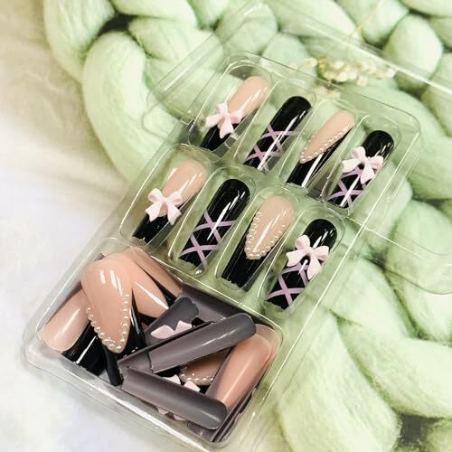 Press on Nails Coffin Long Black Glossy Full Cover Black and Pink Bow Line