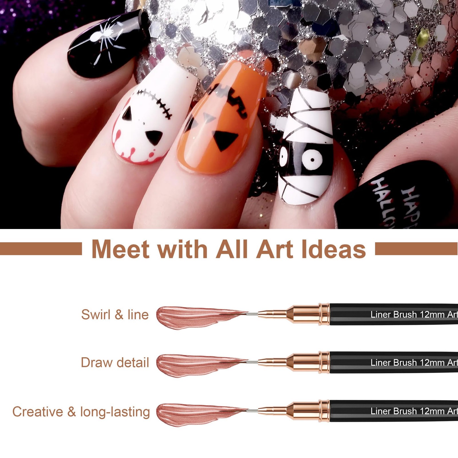 5PCS Metallic Nail Art Pens Black Liner Brushes 5-25mm Set NEW