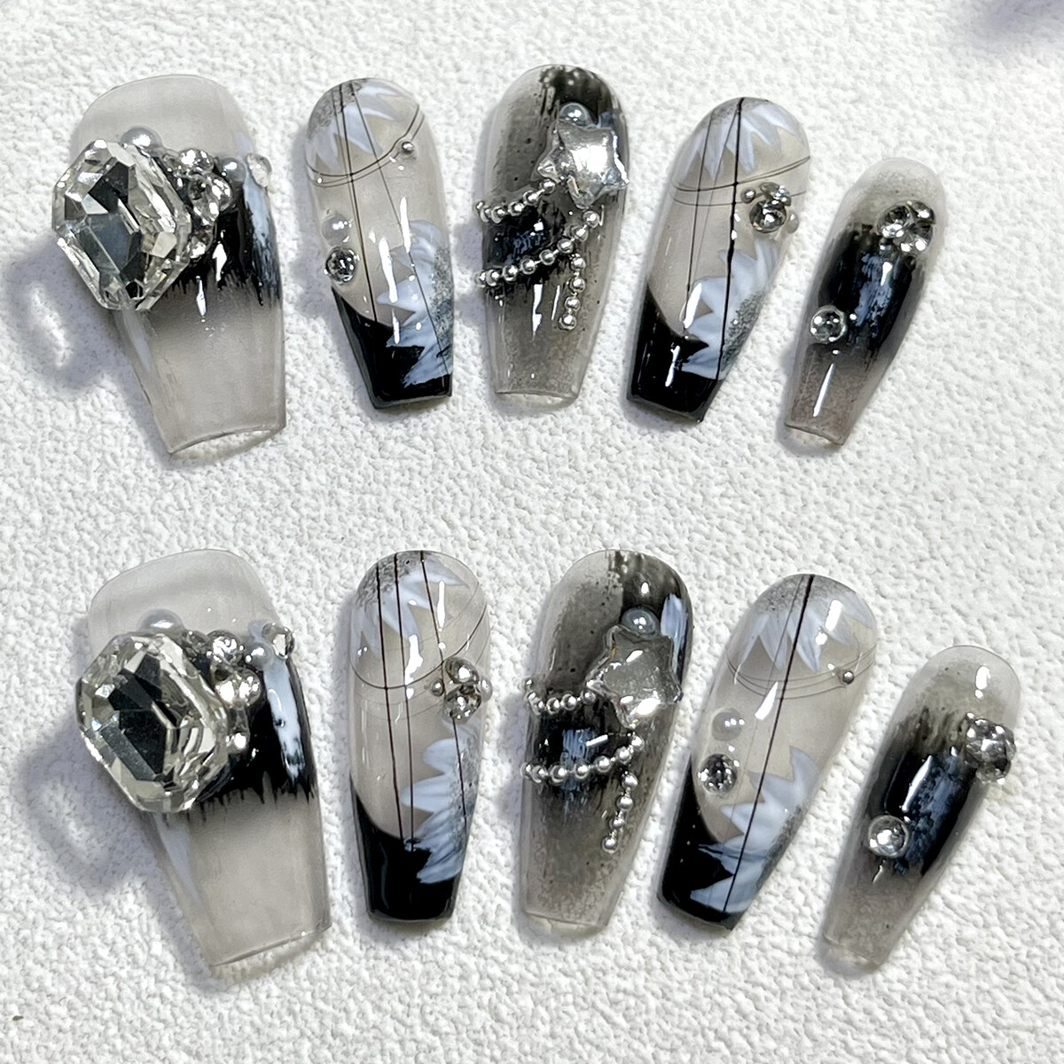Handmade Press On Nails Medium Coffin,Black nail art,diamonds,Hand Drawn Flowers