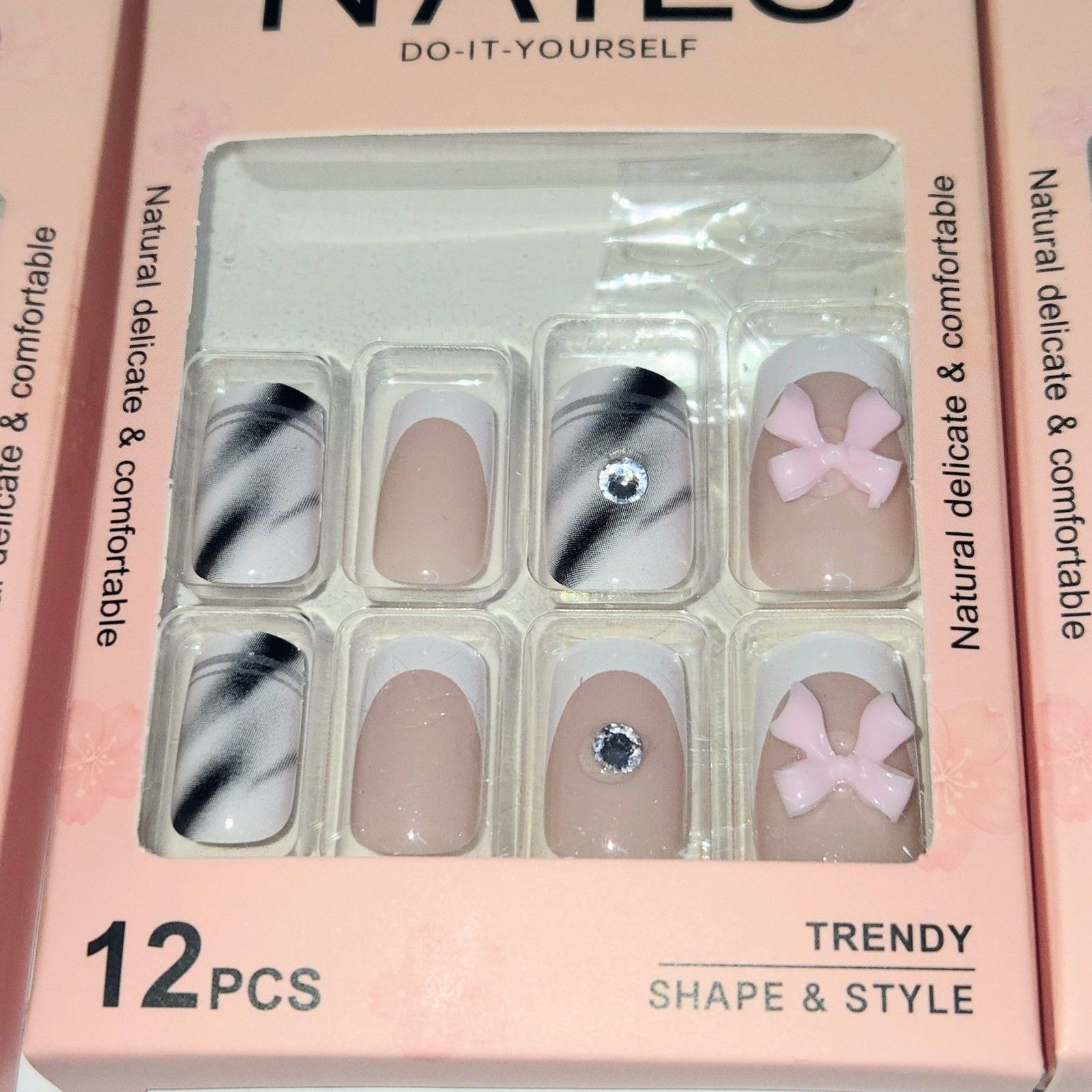 PRESS-ON NAILS Pack of 3 Set with 12 Pieces Each YY Kiss Natural Dress NEW NIB