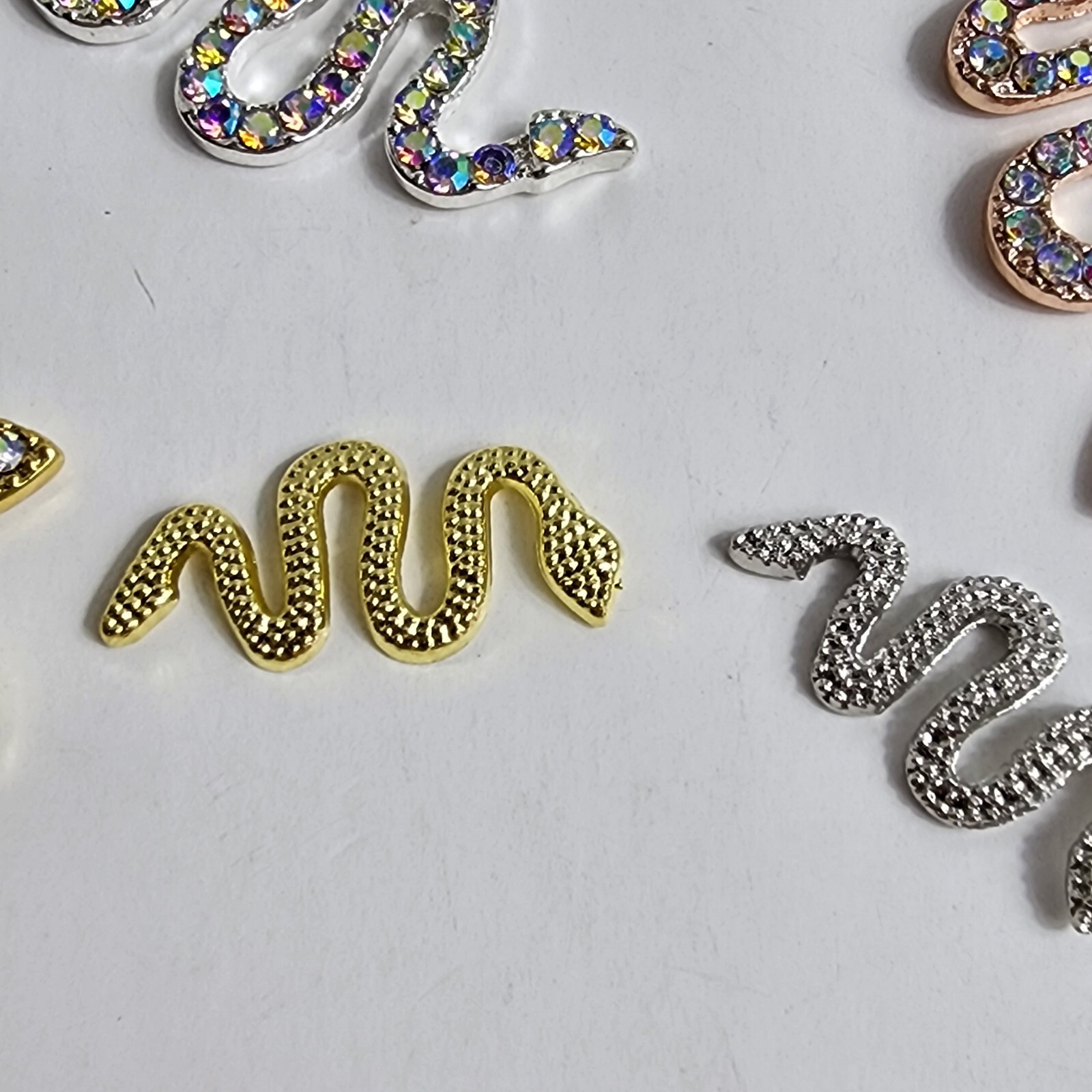 24 3D Metal Snake Nail Art Charms Gold Silver Black Snake Rhinestone Gems Decor