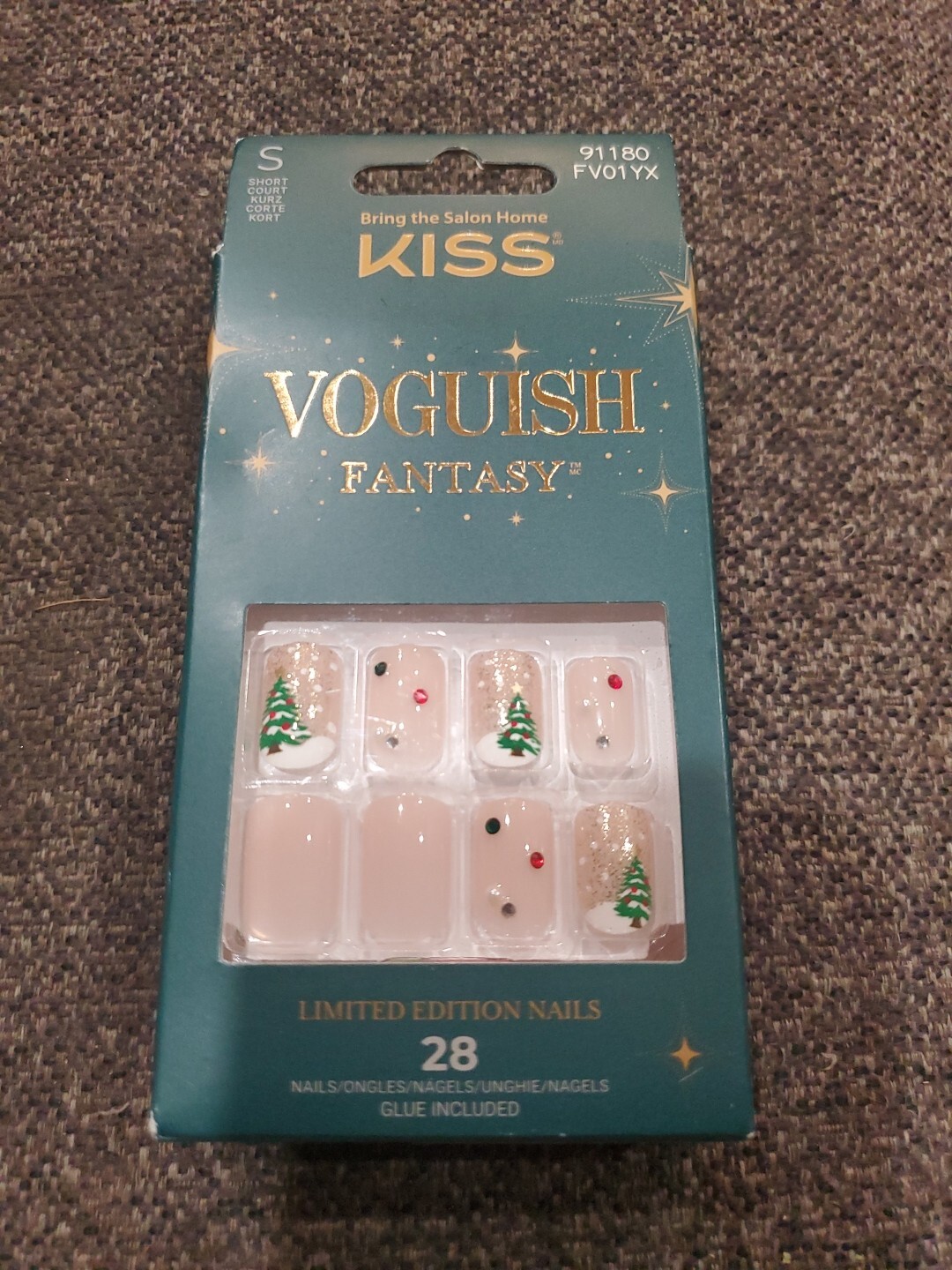 Kiss Voguish Fantasy, Glue On Nail Short Nude with Red & Green Christmas Tree