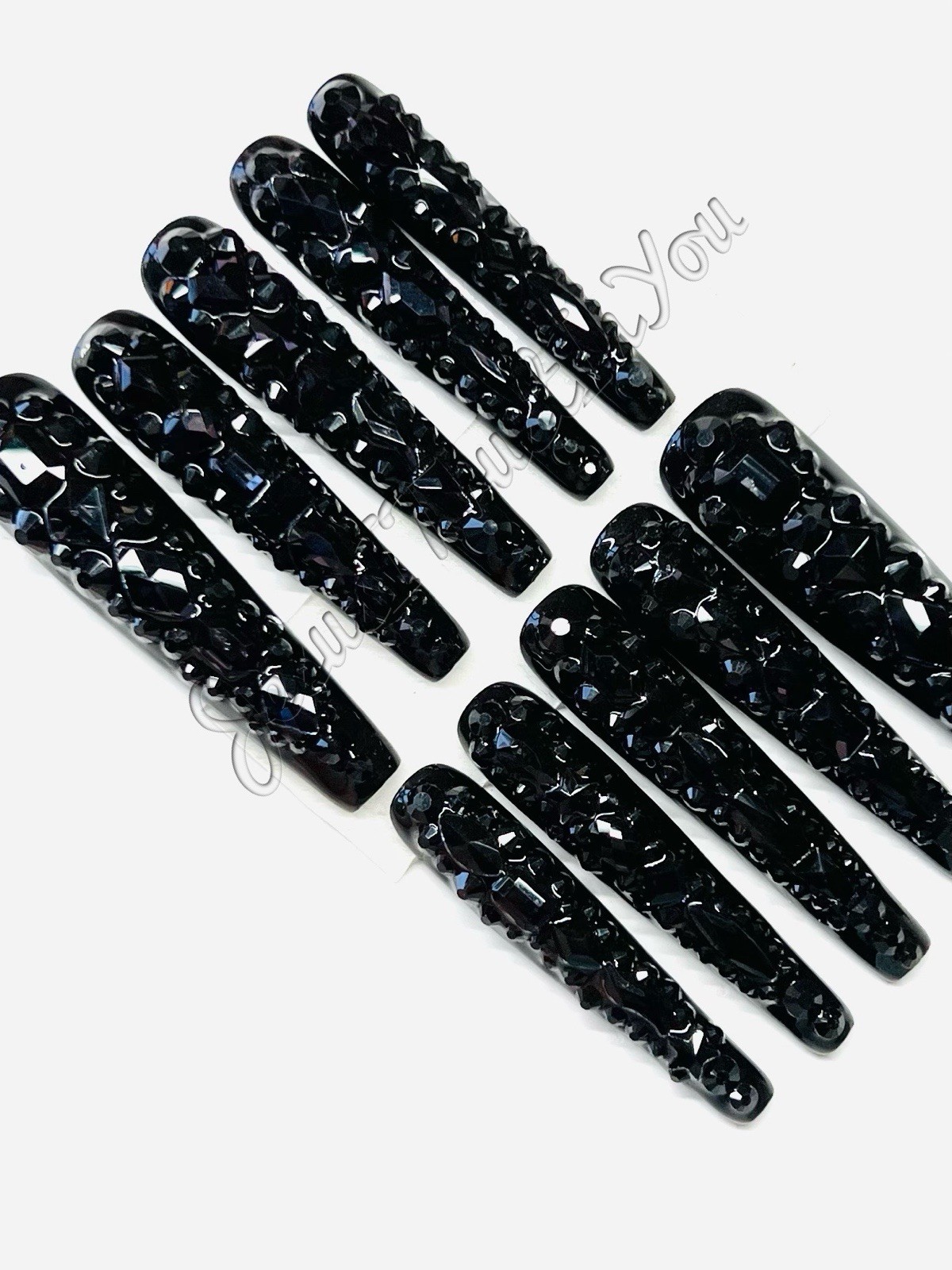 CLEARANCE BLACK JEWELS – CUSTOM XXXL LONG BALLERINA GEL PRESS ON NAILS ❤️❤️