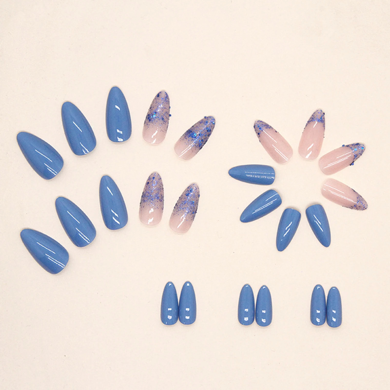 24Pcs Lake Blue Glitter Sequins French Almond Press On Nails