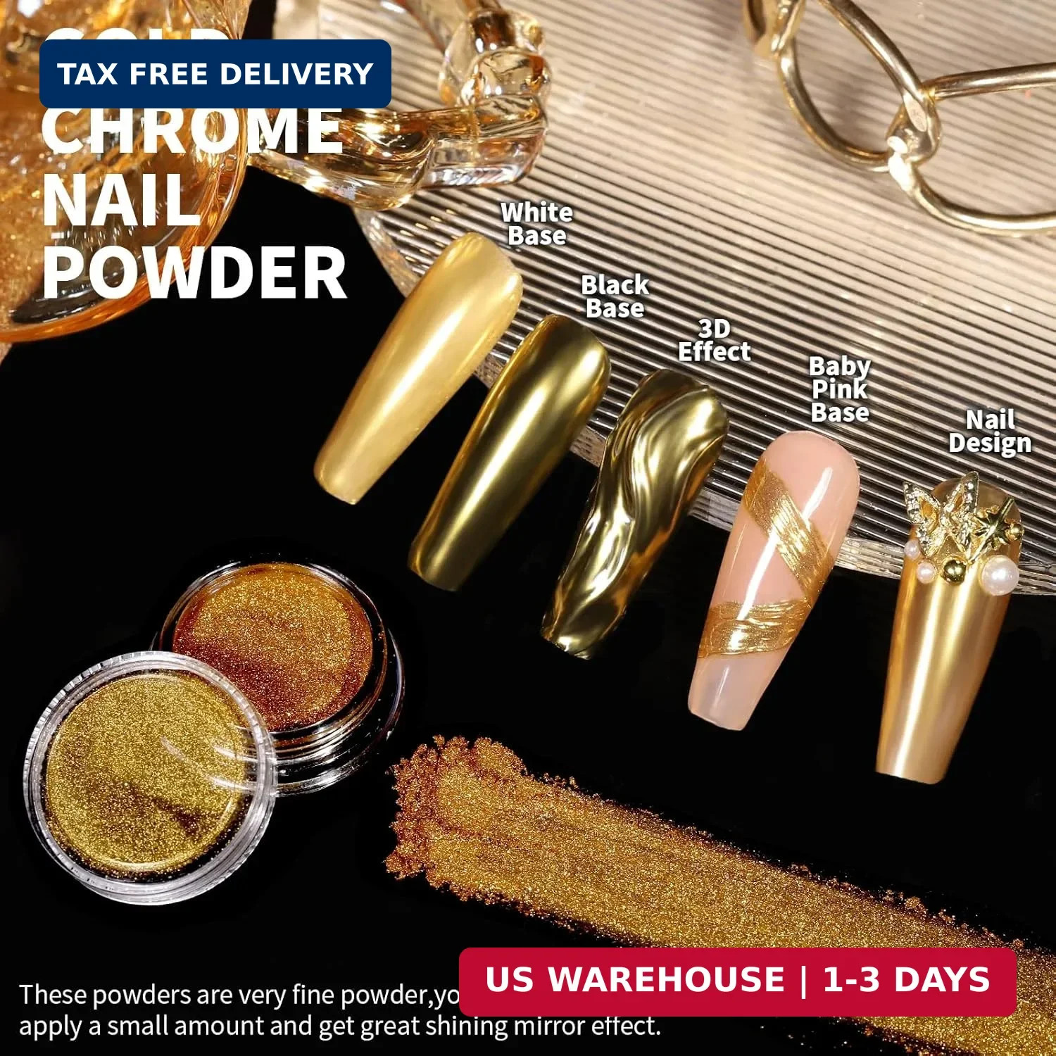 Gold Chrome Nail Powder Kit with Nail Charms and Gems, Pearl Nail Chrom