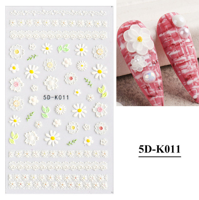 Wedding 5D Nail Stickers Embossed Daisy Flower Bride Decals Nail Art Decoration