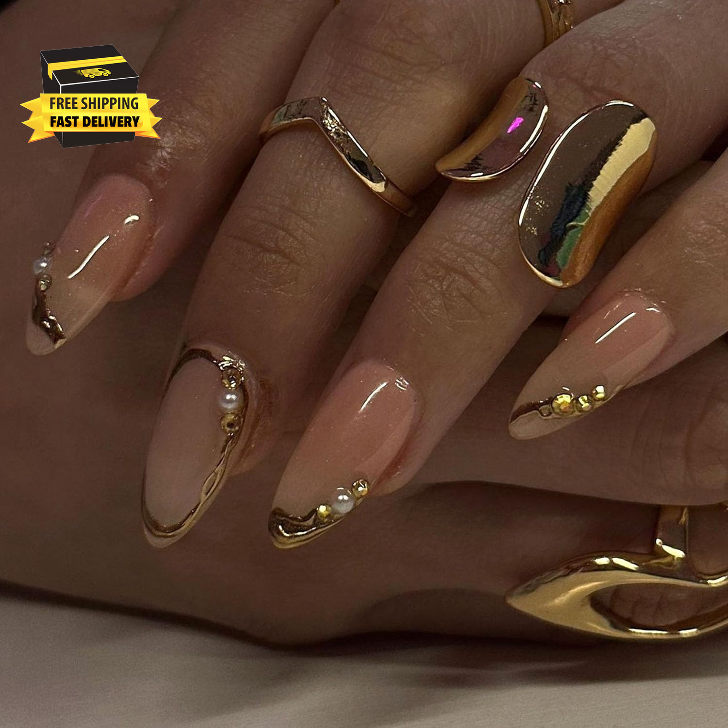 Almond Press on Nails Medium Glue on Nails Gold French Fake Nails 3D Gold Lines