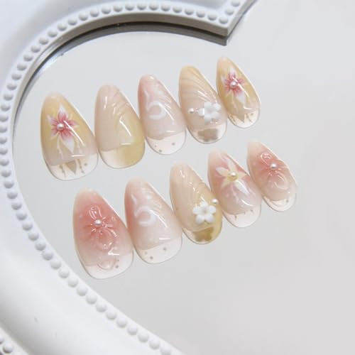Flower Press on Nails Medium Almond Fake Nails Pink False Nails Flower Style32
