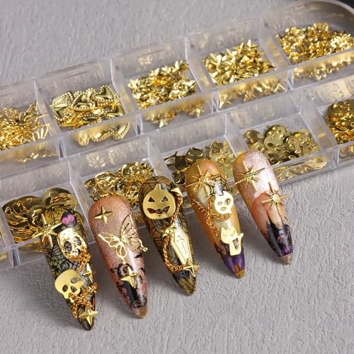 Metal Halloween Nail Charms for Nails Art 3D Gold Silver Skull Ghost Nail