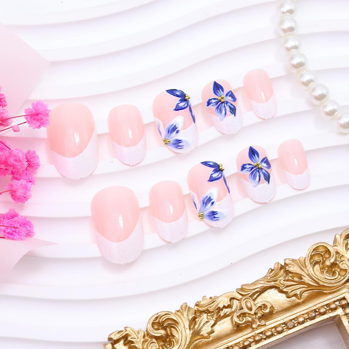 24Pcs White French Tip Press on Nails Short Almond Fake Nails with 3D Gold Beads