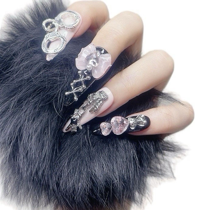 Press on Nails Long Stiletto Black and Pink Color Gothic Style (088)