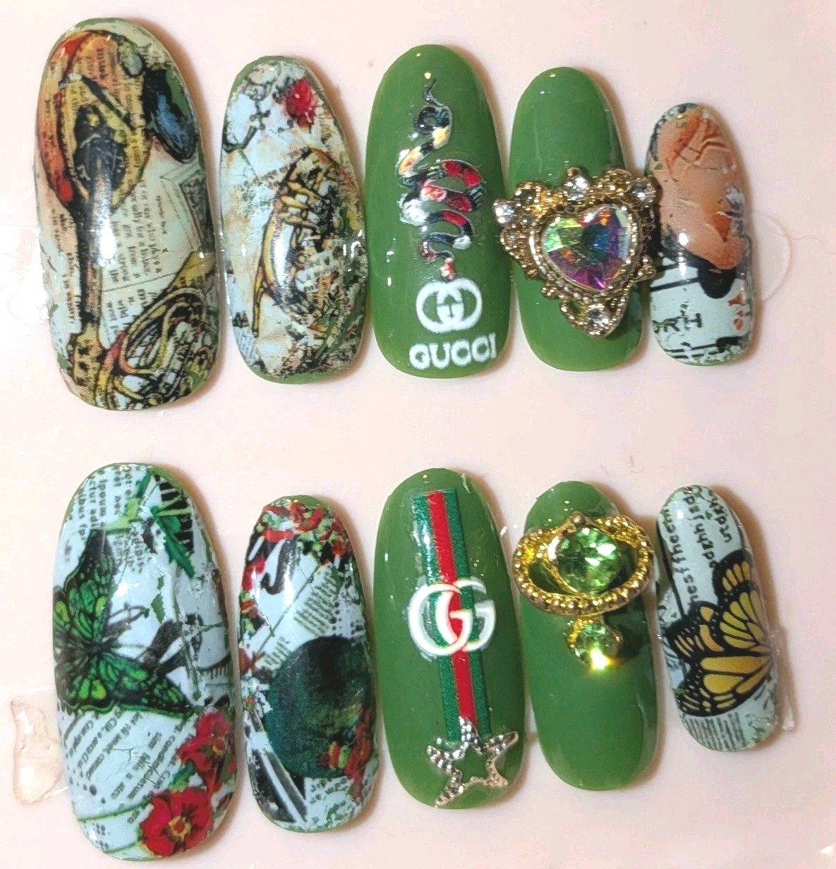 Printed custom decorative 10pc short acrylic press on nails sz medium Glue…