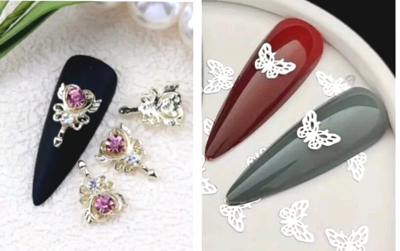 Lot 2 Pkgs 30 Pcs Gold Heart Pink Gem Silver Butterfly Filigree Nail Art Charms