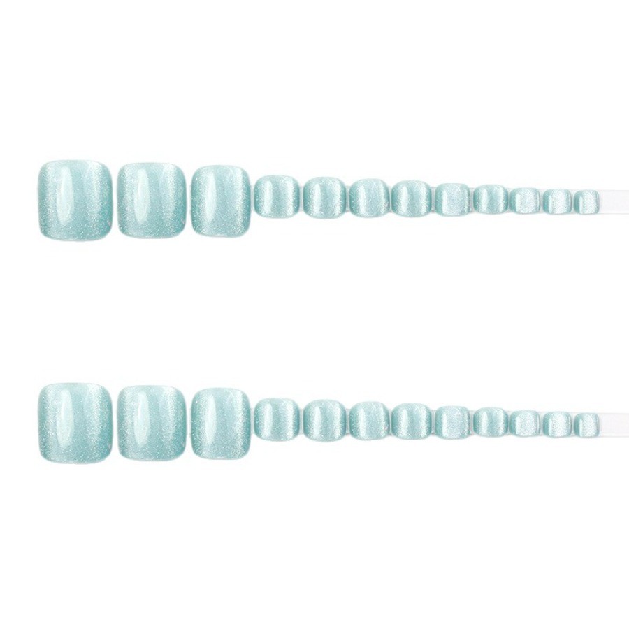 48Pcs-Short Square Lake Blue Solid Cat Eye Simple Toe Press on Nails