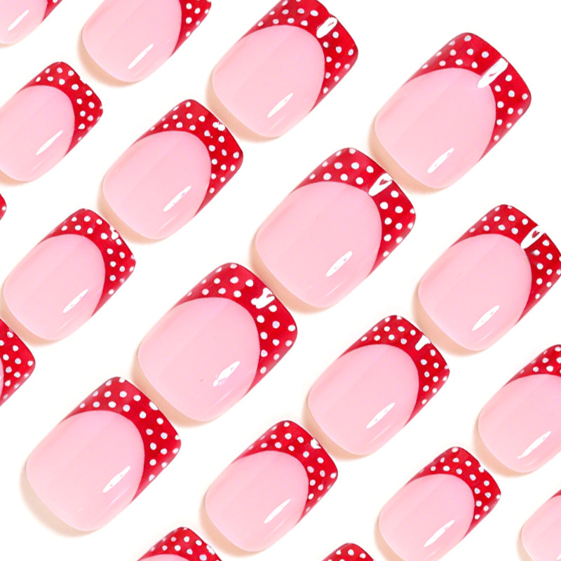 48pcs Short Square Press On Nails,Nude Base with Red French Tip & White Polka