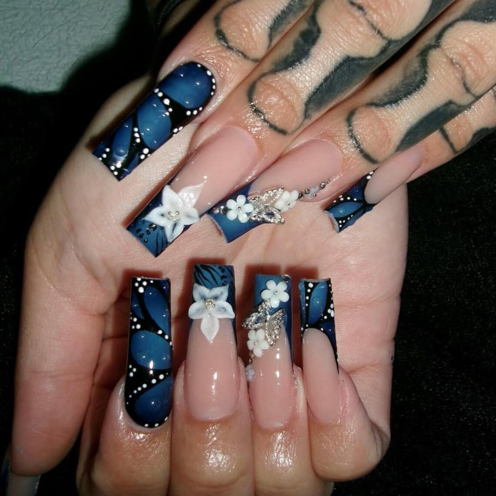 Handmade Blue Butterfly White Flower Rhinestone Long Square Press on Nails