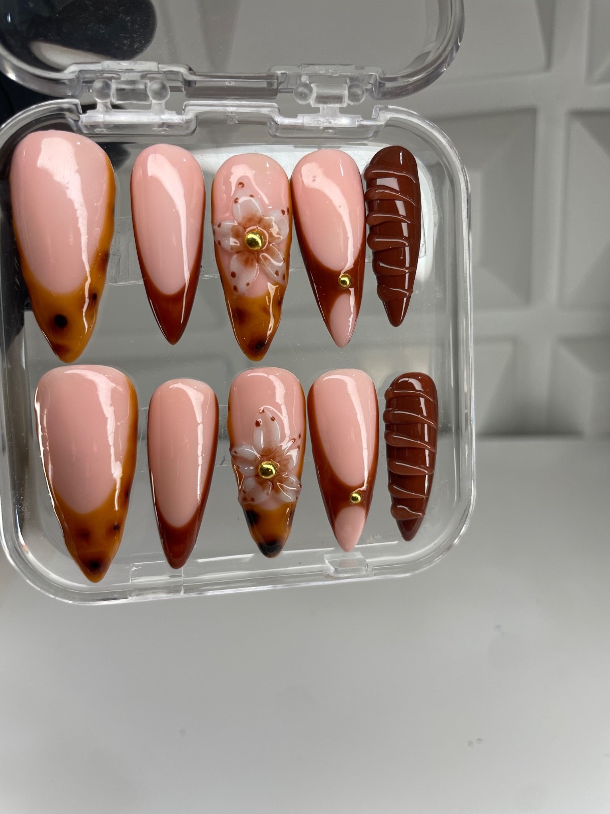 Brown Tortoise Shell Press On Nails | 3D Flower Nail Set | Nude & Brown Handmade