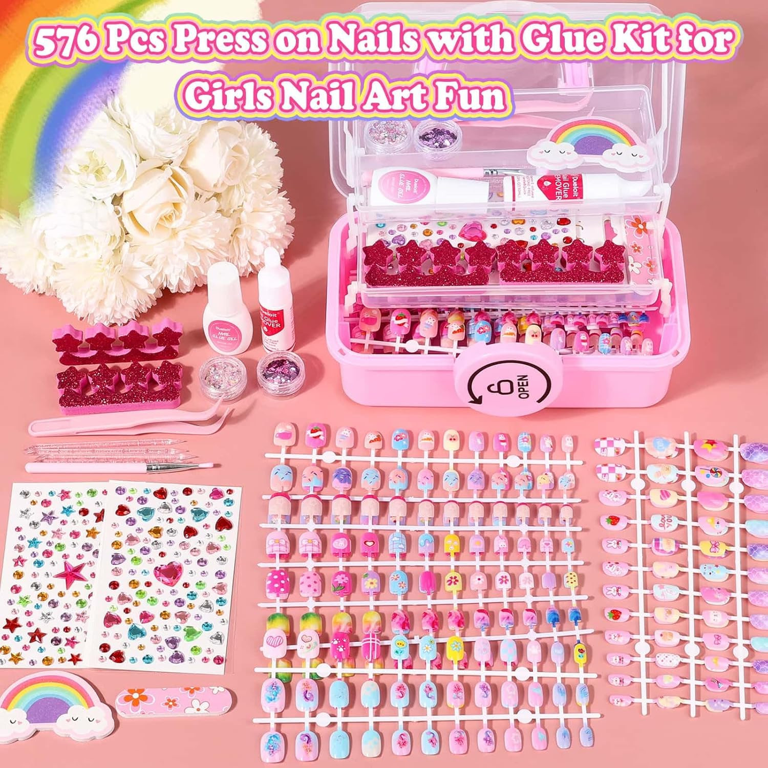 576 Pcs Kids Nails and Glue, Girls Press Ons Nail Art Kit with Storage Case, Fak