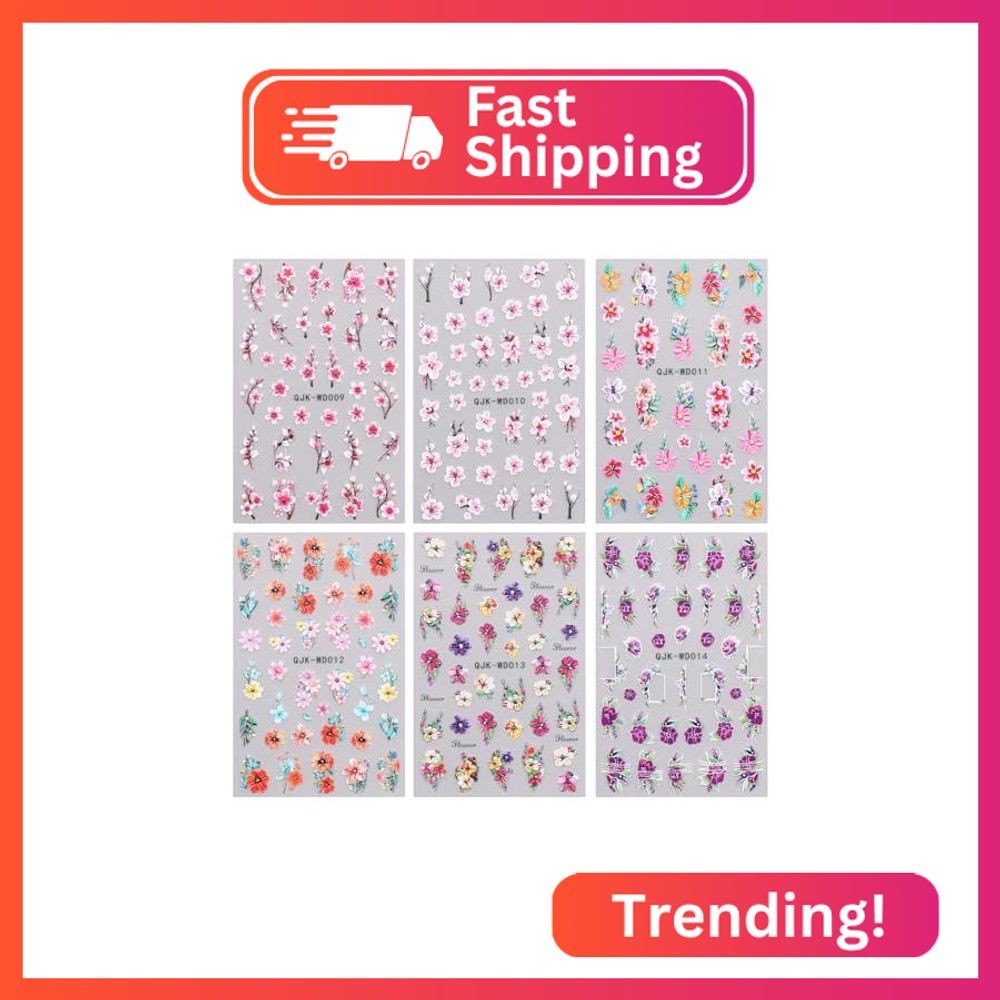 JMEOWIO 6 Sheets Flower Nail Art Stickers Decals Self-Adhesive Spring Summer Flo