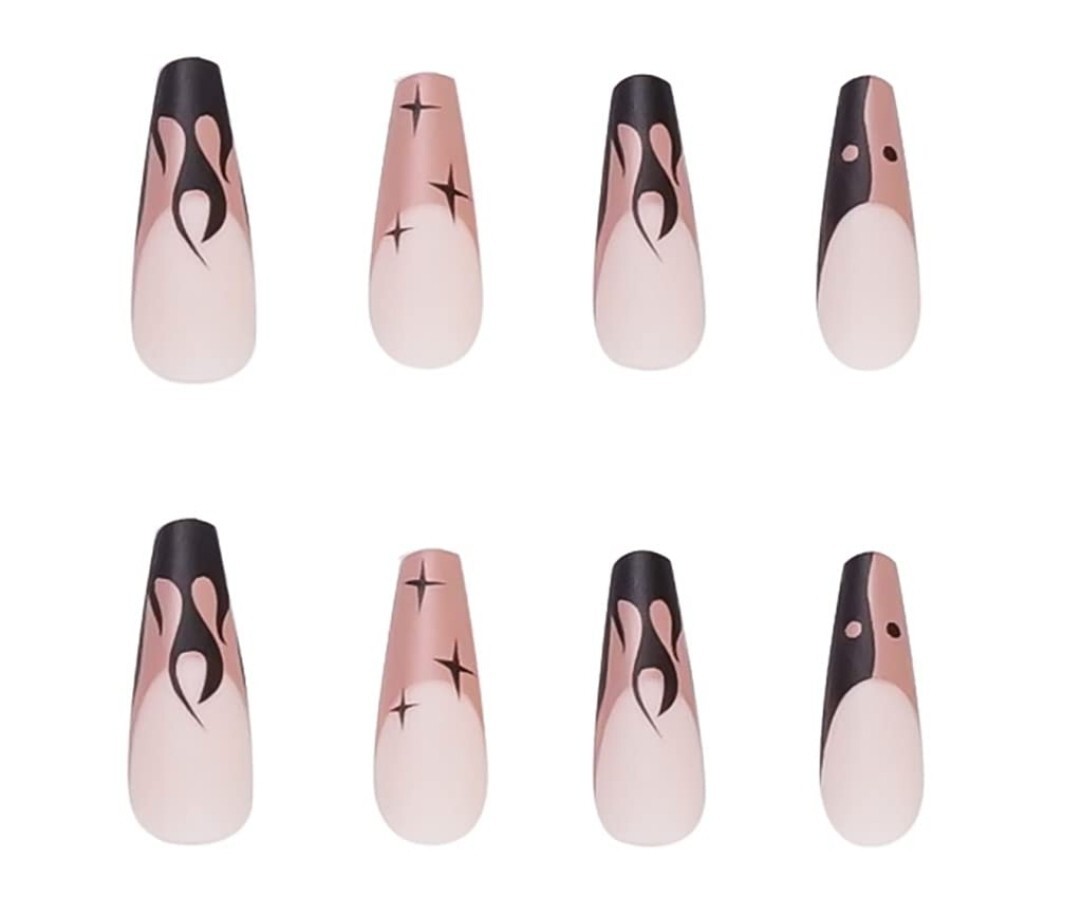 24 Coffin Nude Black Flame press on nails French Tip goth fire tan brown khaki