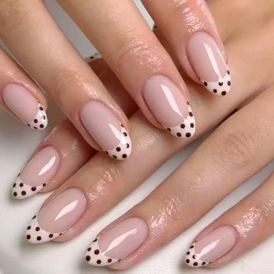 Winter Fall Press on Nails Short Almond, Polka Dots Fake Nails White French N…