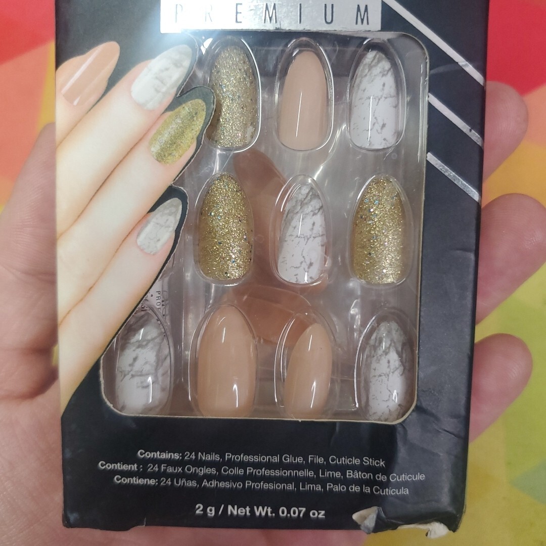Ardell Professional Nail Addict Premium 24 Nails ~ Pink/Marble/Gold Glitter NEW