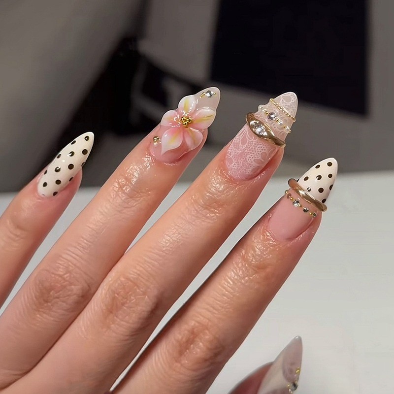 48pcs-Nude Beige Press on Nails Almond Polka Dot Lace 3D Flower Rhinestones